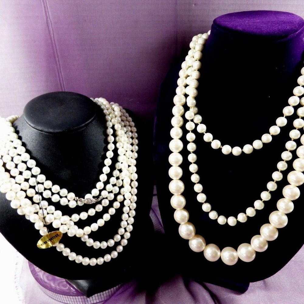 Retro Lot of 4 Pearl Faux glass Beads hand knotted & graduated necklaces - Picture 2 of 8